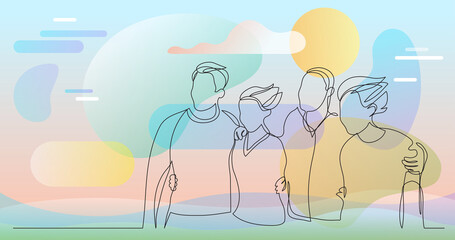 Naklejka na ściany i meble several friends standing together on wind - one line drawing