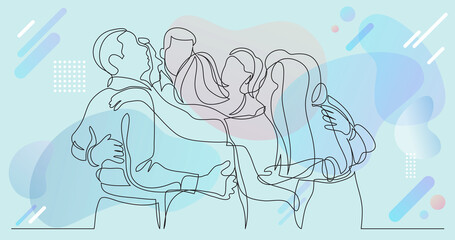 team members celebrating standing together as friends - one line drawing