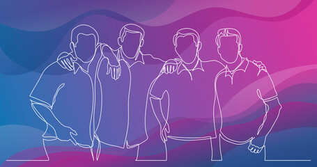 team of confident men friends standing together - one line drawing