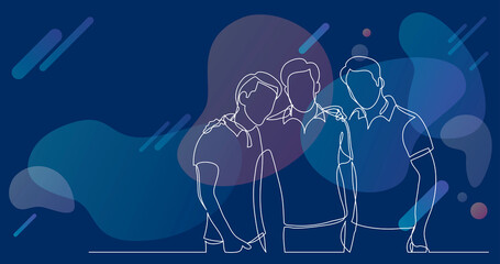 three male friends posing and hugging - one line drawing