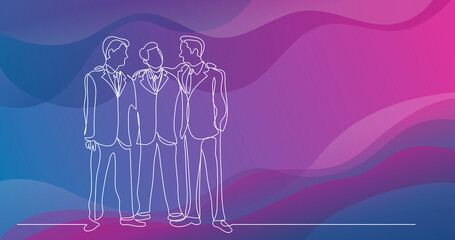 three standing friends in suits - one line drawing