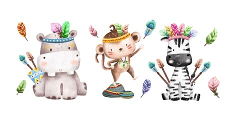 Watercolor Cute Safari Tribal Animals Illustration 
