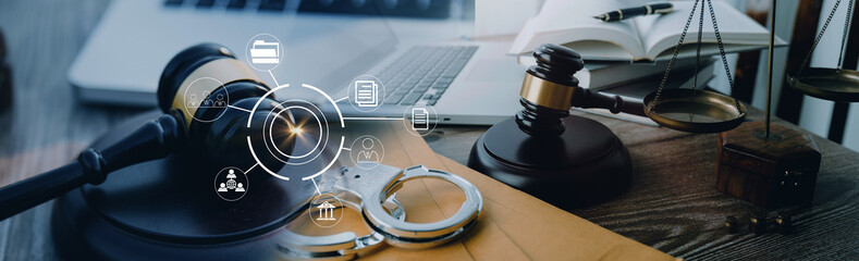 Business and lawyers discussing contract papers with brass scale on desk in office. Law, legal services, advice, justice and law concept picture with film grain effect