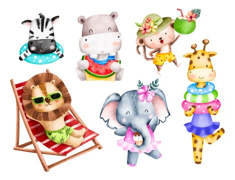 Watercolor set of Safari animals in summer holiday 