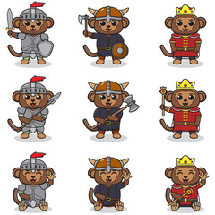 Vector illustrations of Monkey characters in various medieval outfits. King, viking and knight costume. Vector illustration bundle