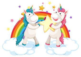 Two cute unicorns standing on clouds with rainbow