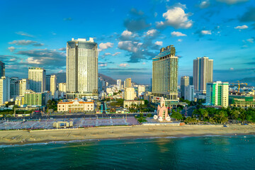 Naklejka premium The coastal city of Nha Trang seen from above in the morning, beautiful coastline. This is a city that attracts to relax in central Vietnam