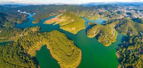 View Tuyen Lam lake seen from above with blue water and paradise islands below give this place a relaxing tourist attraction. This is a hydroelectric lake that provides energy for highlands Vietnam