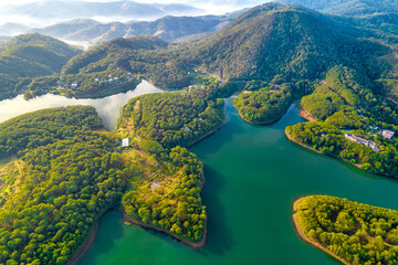 View Tuyen Lam lake seen from above with blue water and paradise islands below give this place a relaxing tourist attraction. This is a hydroelectric lake that provides energy for highlands Vietnam