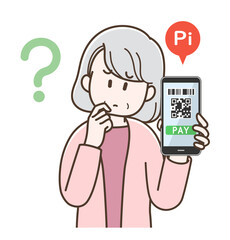スマホ決済で悩むシニア女性のイラスト