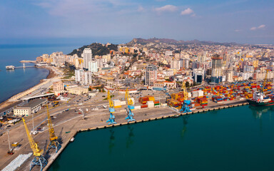 Cityscape of Durres with view of port, Adriatic sea shore, Albania.