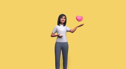 3d illustration cartoon character, women give pink love