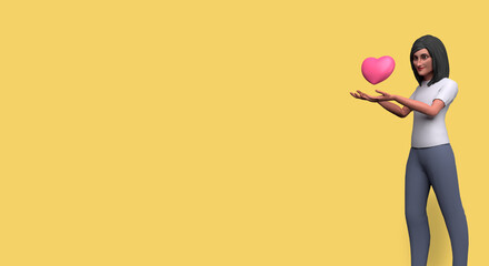 3d illustration cartoon character, women give pink love