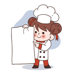 Happy smile little girl chef.kid cooking concept.Doodle hand drawn vector illustration.