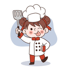 Happy smile little girl chef.kid cooking concept.Doodle hand drawn vector illustration.
