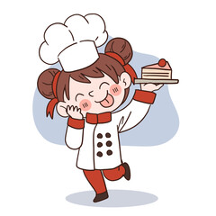 Happy smile little girl chef.kid cooking concept.Doodle hand drawn vector illustration.