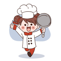 Happy smile little girl chef.kid cooking concept.Doodle hand drawn vector illustration.