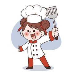 Happy smile little girl chef.kid cooking concept.Doodle hand drawn vector illustration.