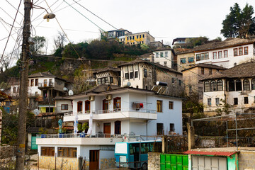 Fototapeta premium Aged buildings of Albanian old town Gjirokaster. Houses of Dunavat quarter.