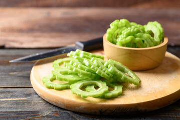 Sliced bitter melon or bitter gourd, Asian organic vegetables 