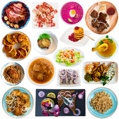 Set of Russian food collage on white background