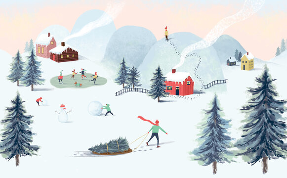Panoramic illustration of winter wonderland in pink pastel background.The cute small village in Christmas day with snow.Kids playing outside with snowman and snowball.Minimal winter landscape.
Cartoon