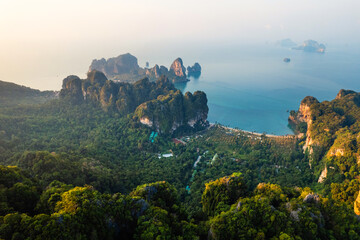 summer view of rocky mountains and sea in a tropical morning