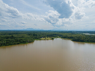Aerial drone view of lake scenery at Danau Tok Uban, Tanah Merah, Kelantan, Malaysia.