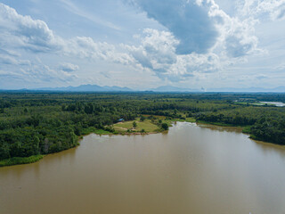 Aerial drone view of lake scenery at Danau Tok Uban, Tanah Merah, Kelantan, Malaysia.