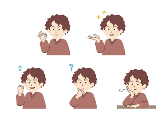 若い男性のシンプルなイラストセット_B01【ゆるやかなパーマヘア】