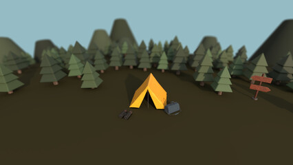 Binoculars and a bag are on the ground next to a small yellow tent in the morning forest. Campground miniature scene. An enjoyable trip to explore nature. 3D rendered.