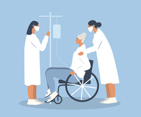 vector illustration in a flat style - two nurses put a drip on an elderly lady who uses a wheelchair