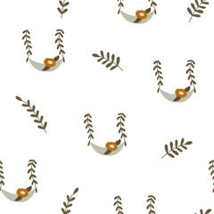 Seamless pattern of natural branches and flowers of plants and moon, hand drawn, vector illustration for your design on a white background