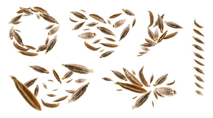 A set of photos. Zira seasoning seeds levitate on a white background