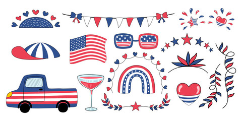 4th of July decorative elements designed in red, white, blue tones, doodle style for cards, scrapbook, t shirt designs, baby, kindergarten, bags, stickers and more.