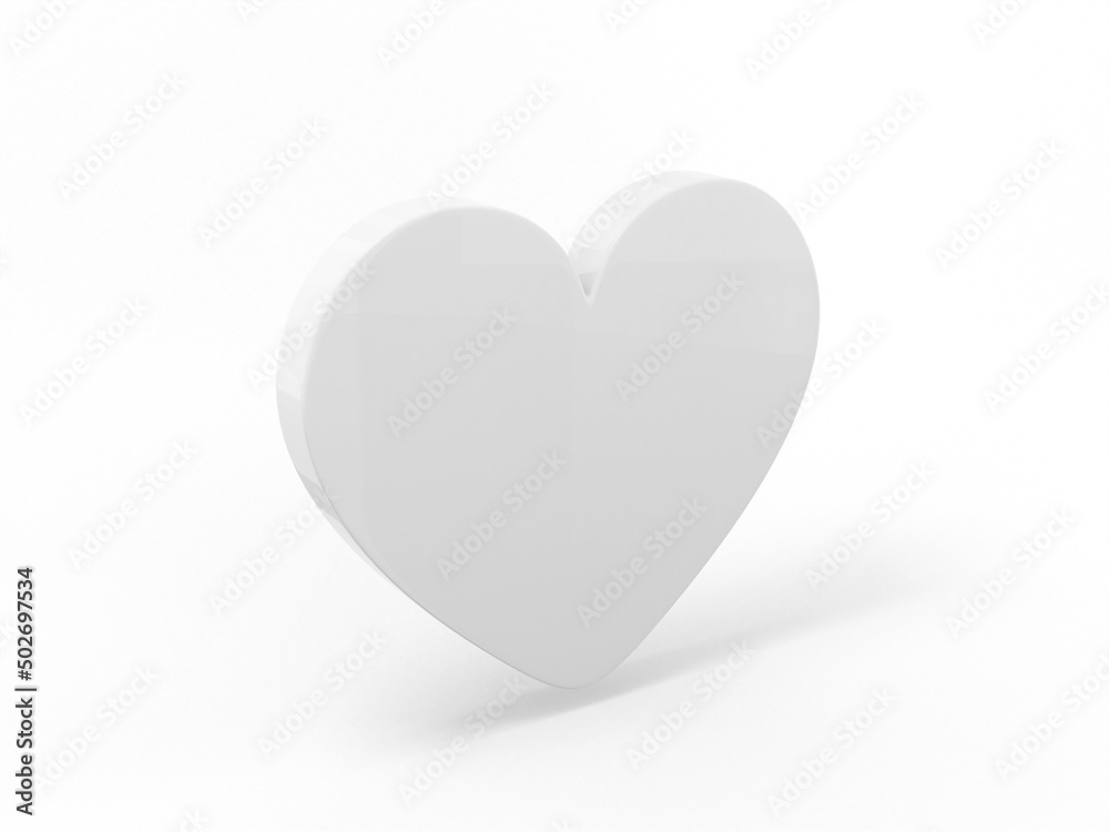 Poster flat white mono color heart on a white monochrome background. minimalistic design object. 3d renderi