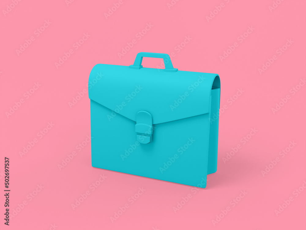 Poster blue single color briefcase on pink monochrome background. minimalistic design object. 3d rendering 