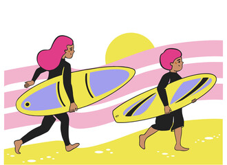 A boy and a girl carry a SUP board to ride the wave. Modern simple bright flat illustration in pink, yellow and purple colors at sunrise.