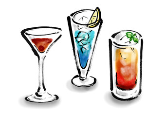 カクテル3種の手描きイラスト