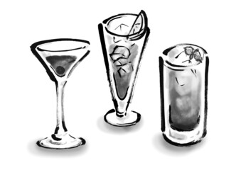 カクテル3種の手描きイラスト　モノクロ