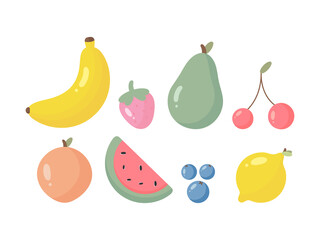 Fruit and Berry set. Vector illustration in cartoon style. For  card, posters, banners, books and print for clothes, t shirt, icons.