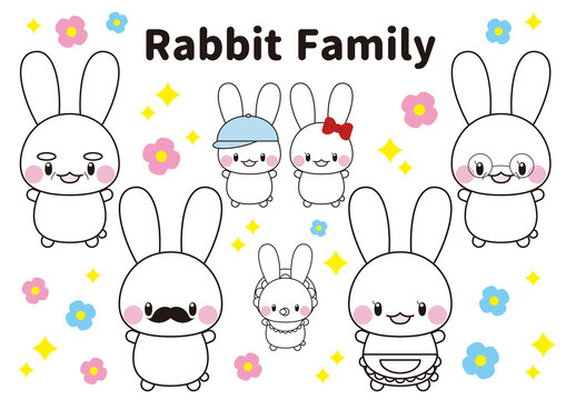 かわいい白ウサギの家族セット（パパ、ママ、赤ちゃん、男の子、女の子、おじいちゃん、おばあちゃん）