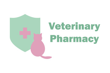 Logo of a veterinary pharmacy with a cat, shield and cross
