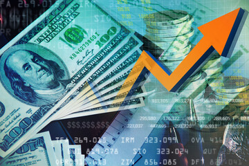 Double exposure photo, Dollar Money blur background and graph, Investment manager working new private banking project office, Financial and business concept