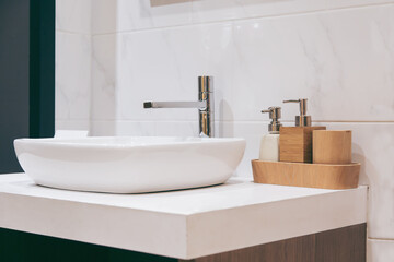 Spacious apartment - Modern wash basin in new bathroom interior. - obrazy, fototapety, plakaty