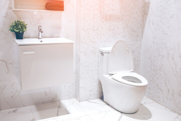 Fototapeta na wymiar White toilet bowl in the bathroom with bright tiles with toilet and sink.