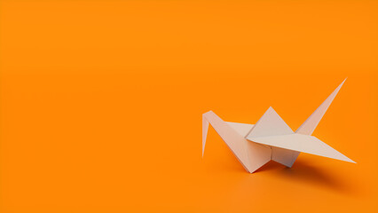 White Origami Bird. Minimalist Design with Orange Background and Copy Space.
