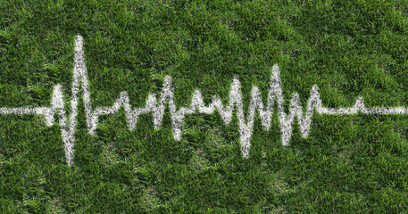 Exercise and health or physical activity with a painted white line shaped as a medical ECG graph on a green grass sport field.