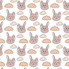 Preatty seamless pattern with cute bunnies and soft peach clouds. Vector illustration