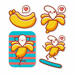 cute banana cartoon kawaii face celebrating summer